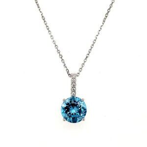 14K White Gold Blue Topaz and Diamond Pendant Necklace